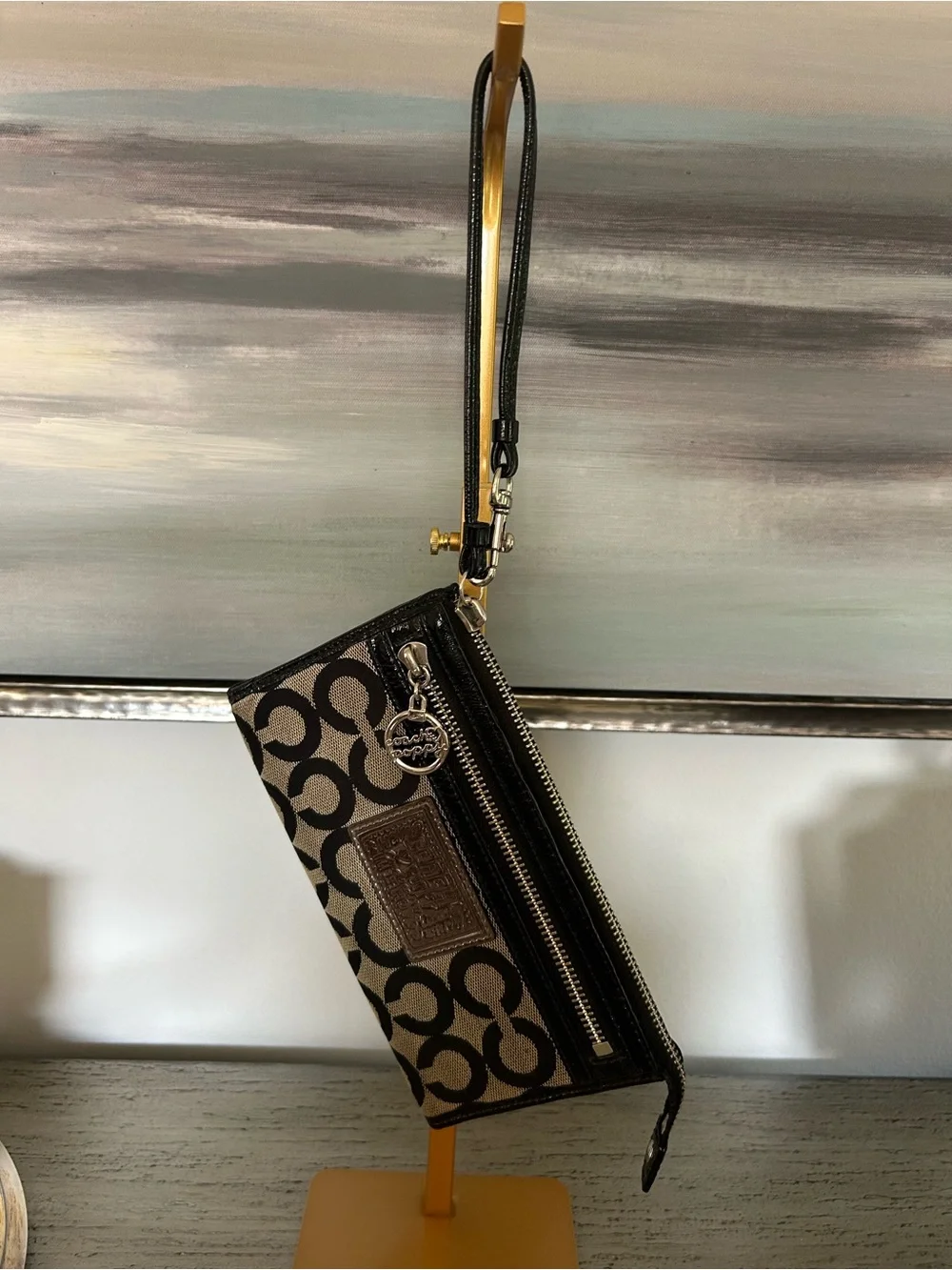 Coach Poppy Black and Cream Signature Wristlet